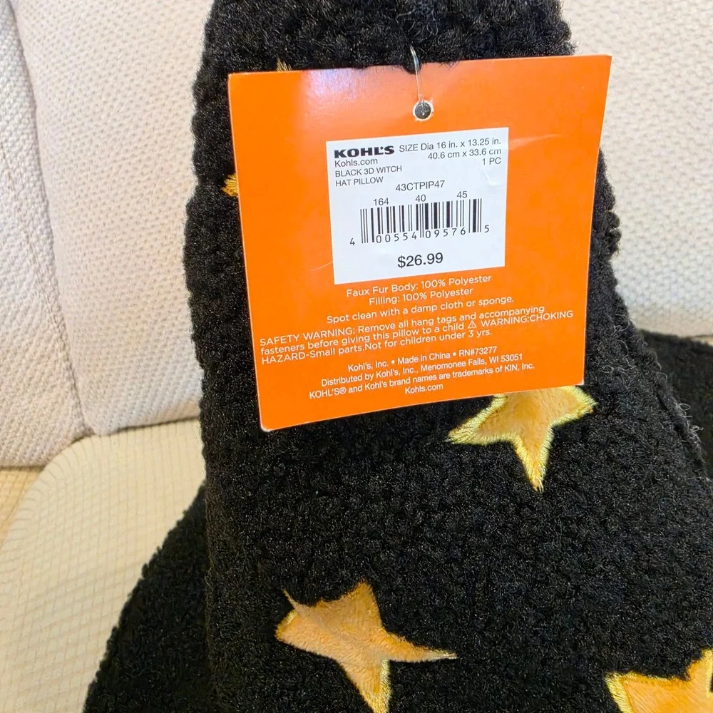 Celebrate Together Unisex Halloween Witch Hat Throw Pillow Black Gold Star 16in